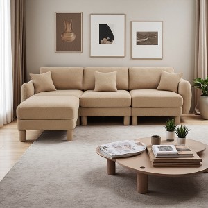 Boucle Convertible L-Shaped Sectional Sofa with Shell Armrests & Ottoman - 1 of 4