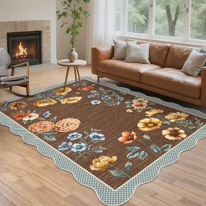 Floral Rugs for Living Room Bedroom Soft Washable Rug Scalloped Edge Plaid Pattern Area Rug Non-Slip Low Pile Rug - 1 of 4