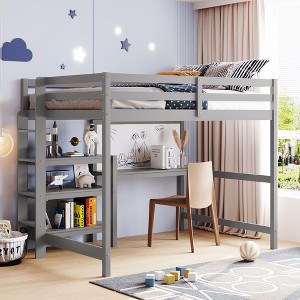 Okak Twin Size Wooden Bunk Bed with Desk, Writing Board Loft Bunk Bed with Storage Shelves for Teens, Space-Saving Easy Assemble, Gray - 1 of 4