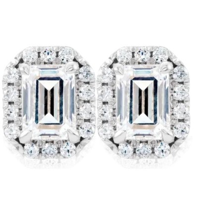 Pompeii3 3/4 Ct Emerald Moissanite & Lab Created Diamond Halo Studs 14k White Gold Earrings