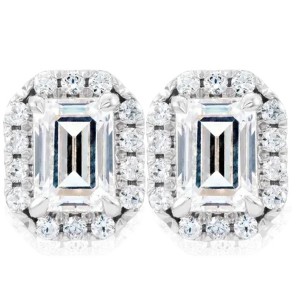 Pompeii3 3/4 Ct Emerald Moissanite & Lab Created Diamond Halo Studs 14k White Gold Earrings - 1 of 4