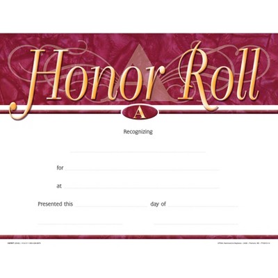 Hammond & Stephens Honor Roll A Recognition  Award - Fill in the Blank, 11 x 8-1/2 inches, pk of 25