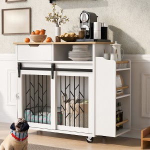 Dog Crate Furniture, Pet-Friendly Kitchen Island Cart with Storage & Rolling Casters, Dog Kennel Indoor with Sliding Barn Door for Small Medium Dogs - 1 of 4