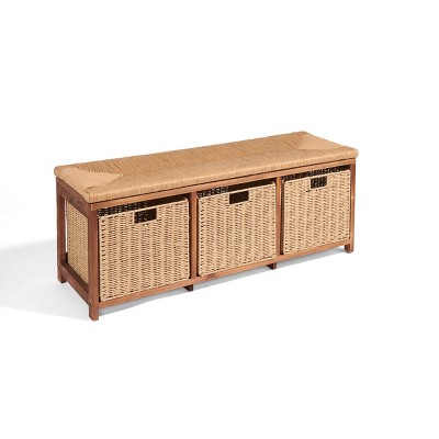 Brown Pine Kid's Storage Bench with Woven Top and Baskets