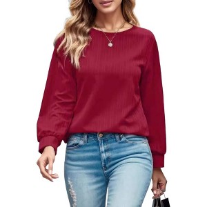 Clearlove Womens Basic Shirts Long Sleeve Back Keyhole Casual Crew Neck Textured Loose Fit Pullover Blouses, Dark Red - L - 1 of 4