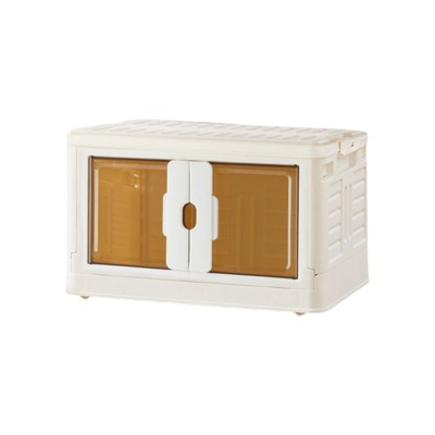 SEVOBAL Utility Storage Drawers 1 Piece Plastic Foldable Bins with Doors Wheels, Portable and Lockable Boxes for Living Room, Beige, 19.8"*11.8"*11.8"
