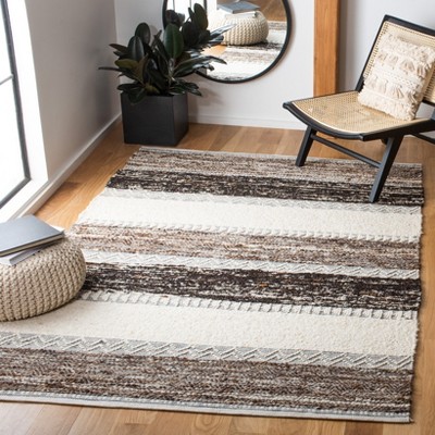 Ivory and Brown Handwoven Wool Rectangular Rug