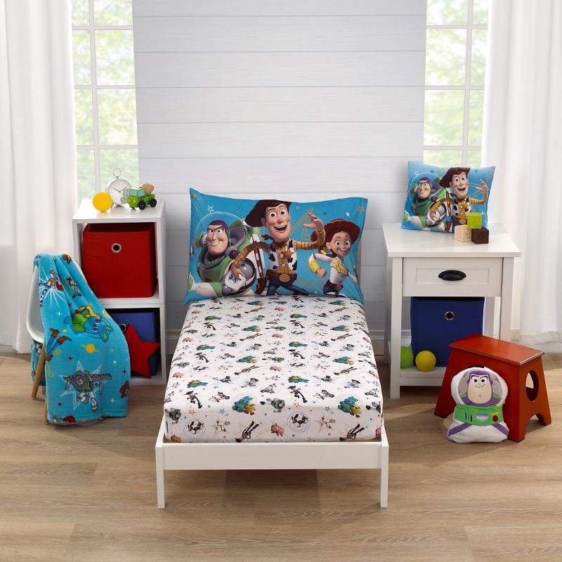 Disney Toy Story It's Play Time Blue, Green, and White, Woody and Buzz 2 Piece Toddler Sheet Set - Fitted Bottom Sheet and Reversible Pillowcase, 1 of 7