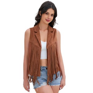 Clearlove Womens Fringe Vest 60s 70s Sleeveless Costume Cowgirl Western Faux Suede Tassel Leather Jacket Party - 1 of 4