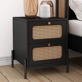 Nathan James Mina Rattan Wood End Side Accent Table Nightstand with Storage  for Living Room or Bedroom, 1, Oak/Black