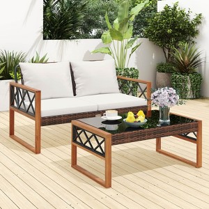 Costway 2 Pieces Patio PE Wicker Furniture Set Outdoor Acacia Wood Loveseat for Porch - 1 of 4