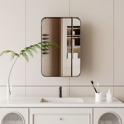 16*24 Inch Recessed Black Metal Framed Medicine Cabinet with Mirror and Adjustable Shelves Black Wall Mirror with Storage for Bathroom