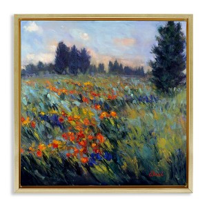 Stupell Industries Flower Meadow Landscape Floating Frame Canvas Art, Gold, 18" x 18" - 1 of 4