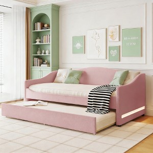 Luxystar Twin Size Teddy Fleece Upholstered Daybed with LED Light and Trundle - 1 of 4