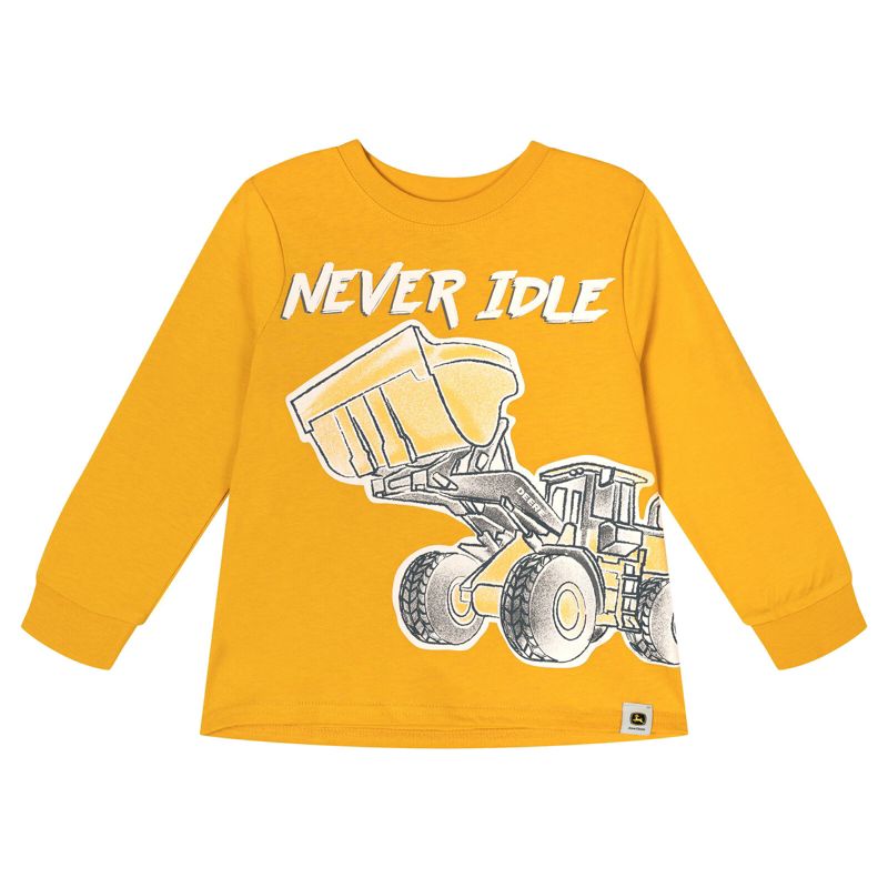 John Deere Toddler Boys' Graphic Long Sleeve Tee with Wrap Around Dump Truck Construction Yellow 2T
