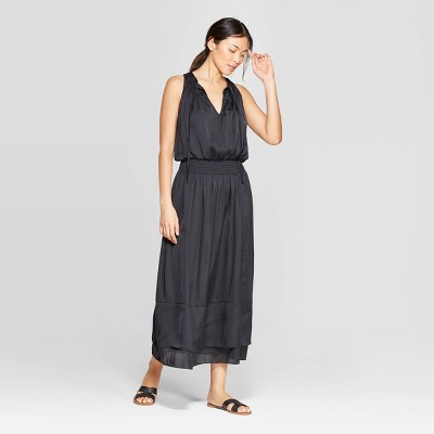 black smocked maxi dress