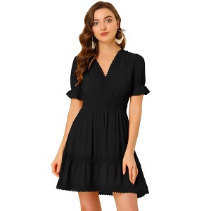 INSPIRE CHIC Women's V Neck Smocked Elastic Waist Short Sleeve Boho Crochet Trim Mini Dress - 1 of 4