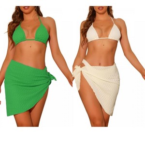 Elerevyo Women's Halter Bikini Sets, Hollow Out Mesh Swimsuits with Sarong Cover Ups Beach Skirt Bathing Suit 3 Pcs 2 Sets - 1 of 4