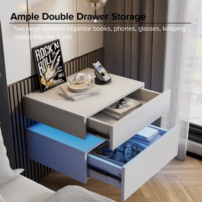 CIPACHO Set of 2 Minimalist Wall-Mounted Black Nightstands - 2 Drawers with LED Strip, 3-Section Slides & Anti-Shaking Hardware