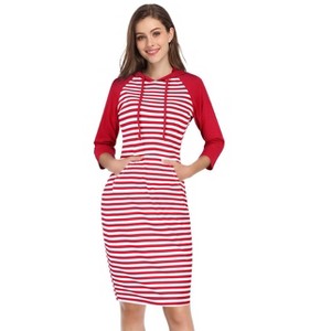 Coolmee Women's Casual Maxi Dress 3/4 Long Sleeve Stripe Slim Pullover Hoodie Long Dress with Pocket - 1 of 4
