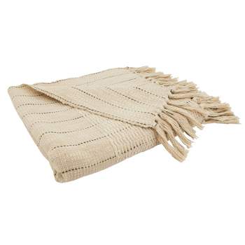 50"x60" Rugged Elegance Striped Fringe Throw Blanket Natural - Saro Lifestyle