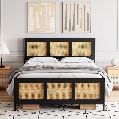 coucheta Bed Frame with Rattan Headboard and Footboard, Black Platform Bed Frame, Metal support, Noise-Free, No Box Spring Needed, Easy Assembly