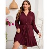 Women's Plus Size Long Sleeve Dress V Neck Button Front Belted Shirt Dress A Line Ruffle Midi Dress - 4 of 4