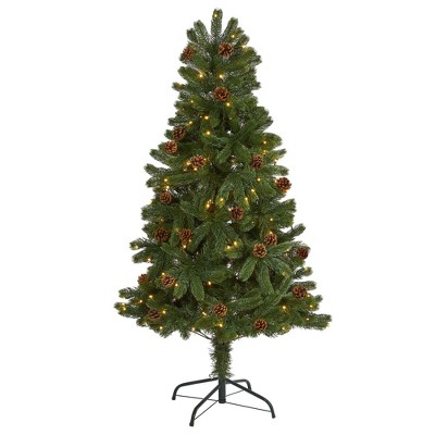Nearly Natural 5-ft Rocky Mountain Spruce Artificial Christmas Tree with Pinecones and 100 Clear LED Lights