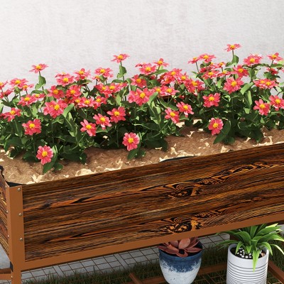 Dark Brown Galvanized Metal Raised Garden Bed with Storage Shelf