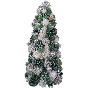 Northlight 18" Green and Silver Pinecone With Ornaments Table Top Cone Christmas Tree Embellished in Glitter
