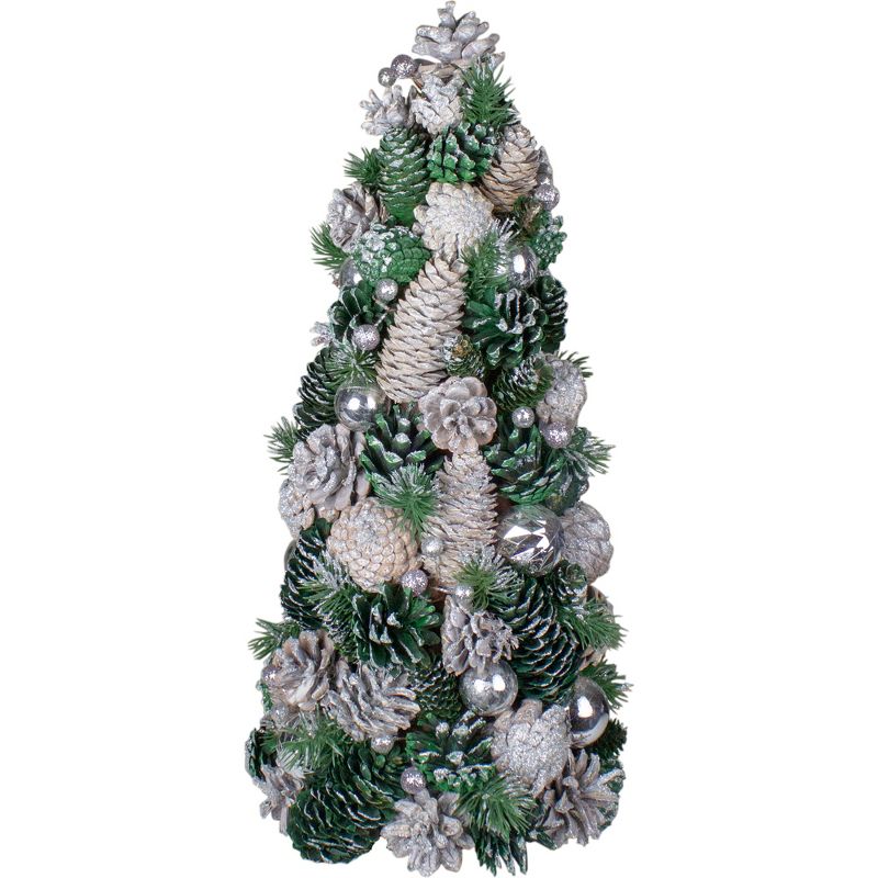 Northlight 18" Green and Silver Pinecone With Ornaments Table Top Cone Christmas Tree Embellished in Glitter, 1 of 4