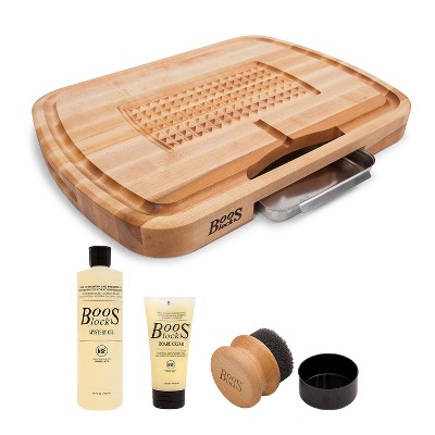 John Boos Maple Wood Ultimate Carving Butcher Block Cutting Board with Groove and Pan, 24 x 18 x 2.25 Inches and 3 Piece Care and Maintenance Set