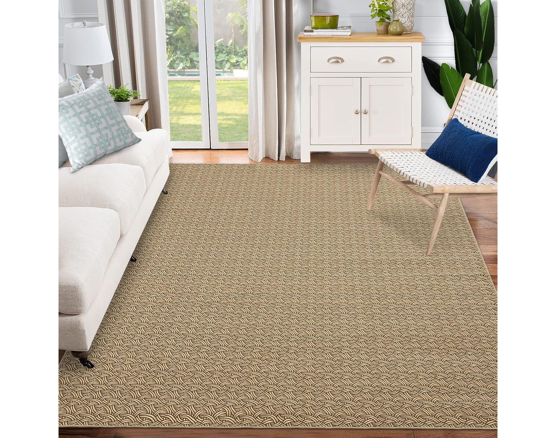 Garvee 5x7FT Braided Print Area Rugs with Non-Slip Backing,Low Pile Ultra-Thin Floor Carpet for Living Room,Bedroom,Dining Room(Beige)