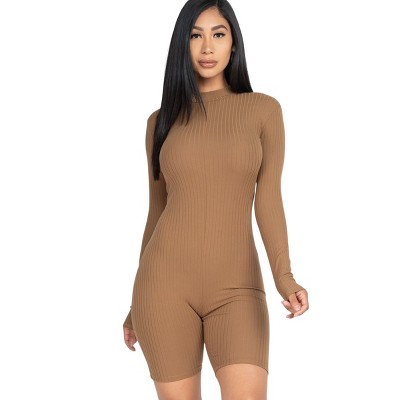 Slickblue Fitted Ribbed Knit Long Sleeve Romper with Mock Neck and Zipper Back - Mocha/Olive/Blue Haze, Size S-L