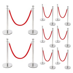 Garvee 4 Pcs Silver Stanchions Posts, Stainless Steel Stanchion with 6.6ft Red Velvet Rope, Crowd Control Barriers with Ball Top and Concrete Base - 1 of 4