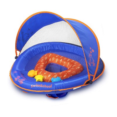 SwimSchool Baby Boat Splash and Play Float with Adjustable Safety Seat, Dual Air Pillow Chambers, and Sun Shade Canopy, Blue