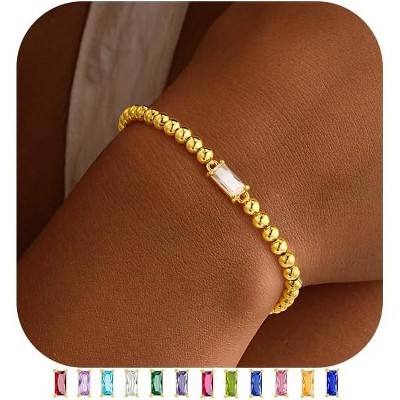 Dainty Birthstone Bracelet for Women - Elastic 14K Gold Plated Bead Bracelets Trendy Friendship Birthday Jewelry Gifts for Women