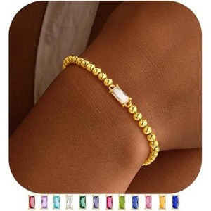 Dainty Birthstone Bracelet for Women - Elastic 14K Gold Plated Bead Bracelets Trendy Friendship Birthday Jewelry Gifts for Women - 1 of 4
