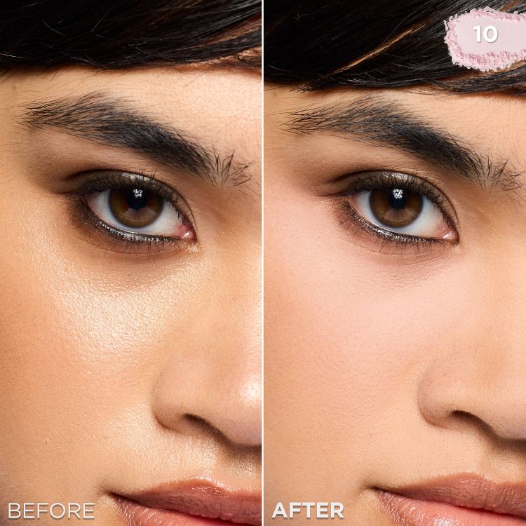 Split image: Close-up of a woman's face "BEFORE" and "AFTER" applying L'Oréal Infallible Blur-fection powder in shade "10." The "AFTER" side shows a smoother under-eye area.