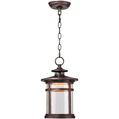 Franklin Iron Works Rustic Outdoor Ceiling Light Hanging Lantern LED Bronze 13 1/2" Clear Seedy Glass for Exterior Porch Patio