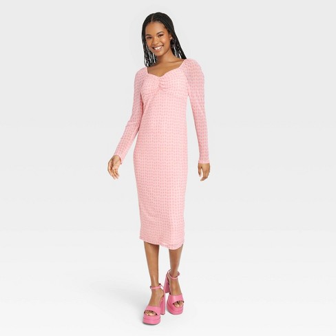 Black History Month Women's Long Sleeve House of Aama Sweetheart Neck  A-Line Dress - Pink Polka Dots M