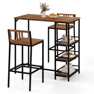 Tangkula 3 Pieces Outdoor Wood Bar Set w/ 3-Tier Storage Shelf & Metal Frame for Backyard - 1 of 4
