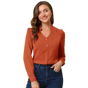 Allegra K Women's Elegant V Neck Work Office Button Up Shirt - 1 of 4
