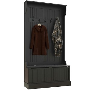 HOMCOM 3-In-1 Hall Tree Storage Bench and Coat Rack with 5 Steel Double Hooks, and Anti-Topple Anchor for Entryway - 1 of 4