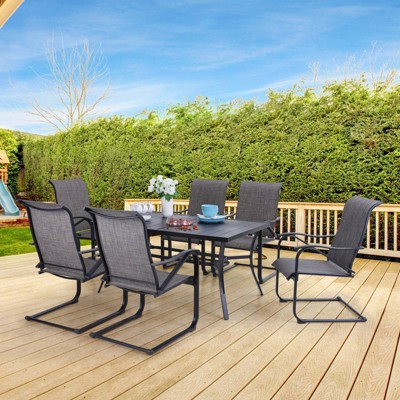 7pc Patio Dining Set with Rectangle Table with 2.6" Umbrella Hole & Steel C-Spring Arm Chairs - Captiva Designs