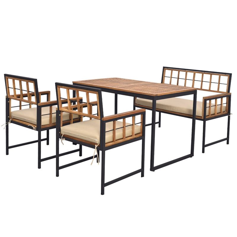 Tangkula 4 Pieces Acacia Wood Patio Dining Set w/ 1 Rectangular Table & 1 Loveseat & 2 Armchairs, 2 of 4