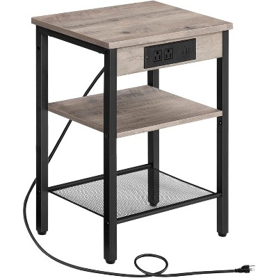 MaseiKar End Table with Charging Station and USB Ports, Small Side Table , 3-Tier Nightstand with Adjustable Shelf, for Living Room, Greige