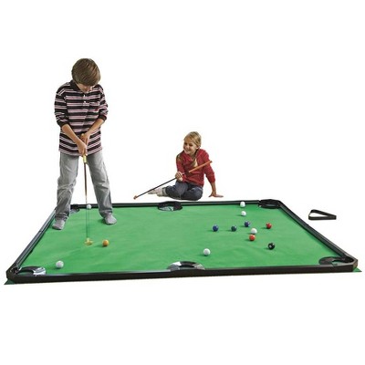 HearthSong - Golf Pool Indoor Family Game-Includes Two Golf Clubs, 16 Balls, Green Mat, and Rails for Kids