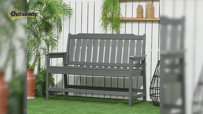 Dark Gray HDPE 2-Person Outdoor Garden Bench with Slatted Back and Armrests