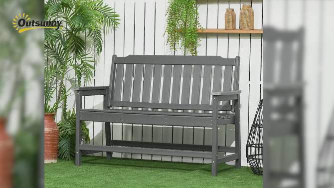 Outsunny Outdoor Bench, 2-Person Park Style Garden Bench with All-Weather HDPE, 704 lbs. Weight Capacity, Slatted Back & Armrests, Dark Gray, 2 of 8, play video
